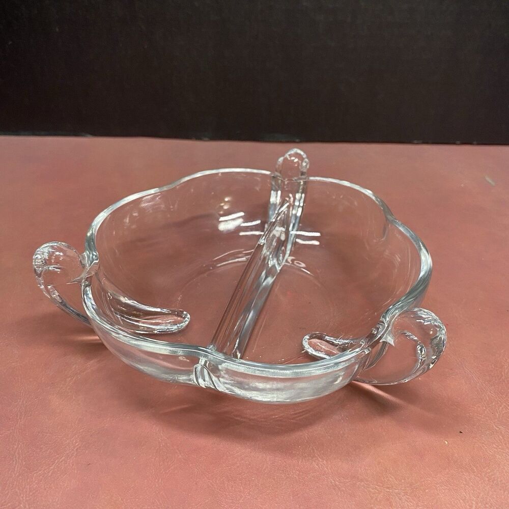 Mid-Century Modern Clear Glass Divided Condiment Relish Snack Plate Dish Vtg